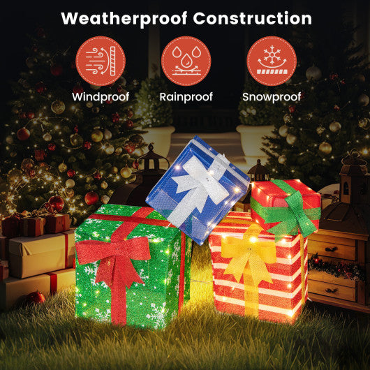 48 Inches Lighted Stacked Gift Boxes with Built-in LED Lights and Decorative Bows