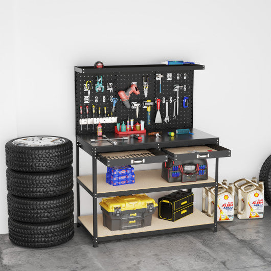 48 x 24 Inch Workbench Work Table with 3 PCs Pegboard Drawer and Shelves-Black