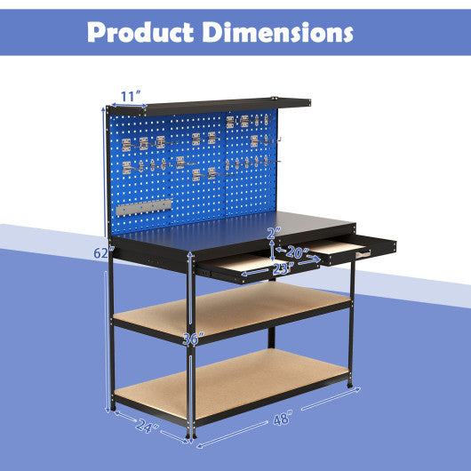 48 x 24 Inch Workbench Work Table with 3 PCs Pegboard Drawer and Shelves-Navy