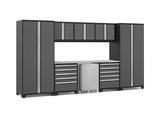 Pro Series 9 Piece Cabinet Set with Wall, Tool Drawer Cabinet, Lockers, and Stainless Steel Door Fridge