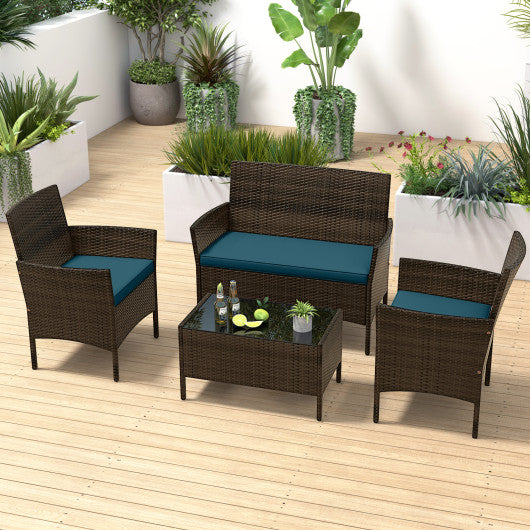 4 Piece Patio Rattan Conversation Set with Cozy Seat Cushions-Peacock Blue