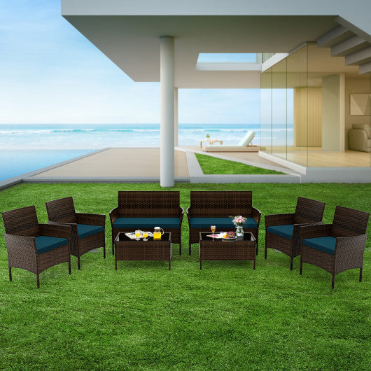 4 Piece Patio Rattan Conversation Set with Cozy Seat Cushions-Peacock Blue