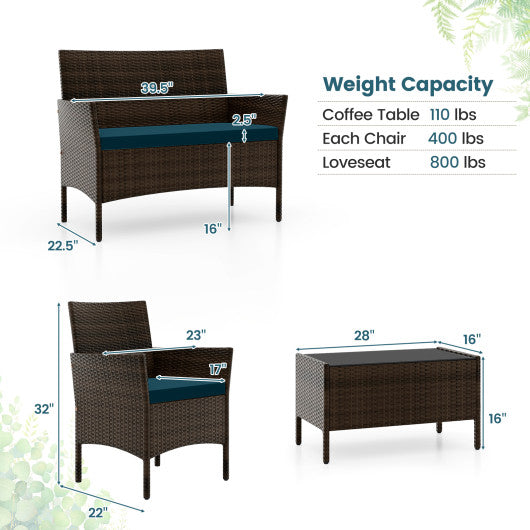 4 Piece Patio Rattan Conversation Set with Cozy Seat Cushions-Peacock Blue