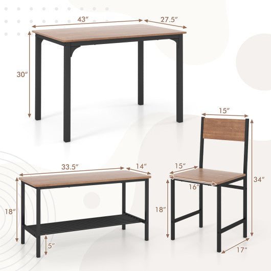 4 Pieces Rustic Dining Table Set with 2 Chairs and Bench-Brown