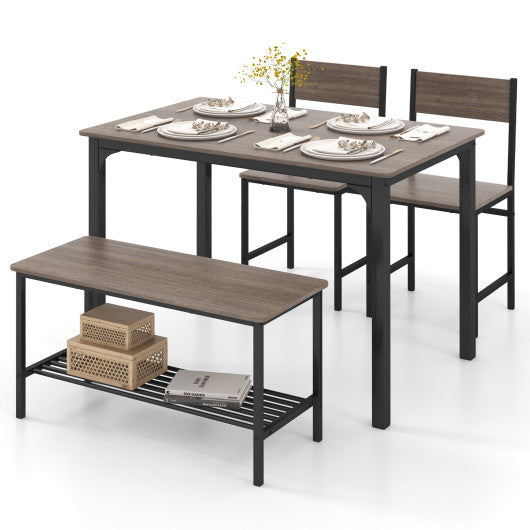 4 Pieces Rustic Dining Table Set with 2 Chairs and Bench-Gray