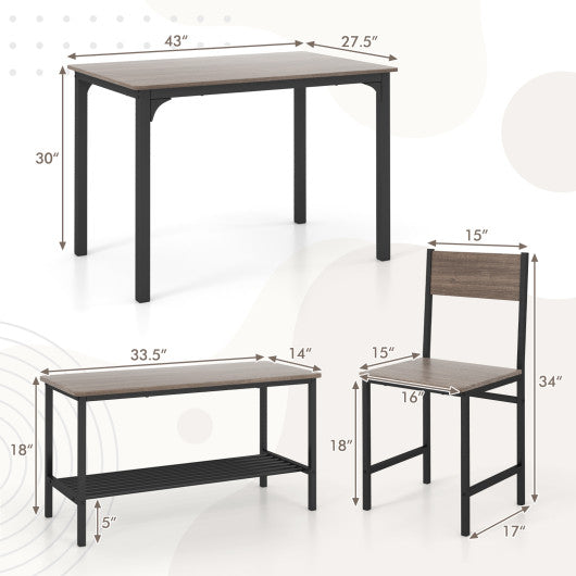 4 Pieces Rustic Dining Table Set with 2 Chairs and Bench-Gray