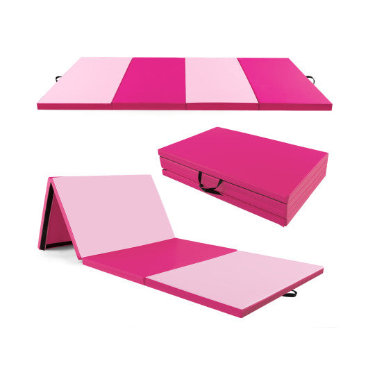 4-Panel PU Leather Folding Exercise Mat with Carrying Handles-Hot Pink