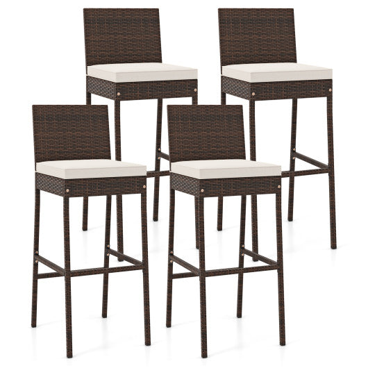 Set of 4 Patio Wicker Barstools with Seat Cushion and Footrest-Set of 4