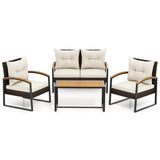 4 Pieces Patio Conversation Set with Acacia Wood Armrests and Tabletop and Cushions-White