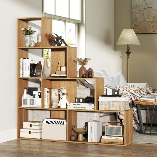 4-Tier Bookshelf Stair Bookcase with 6 Cubes Display Rack-Natural