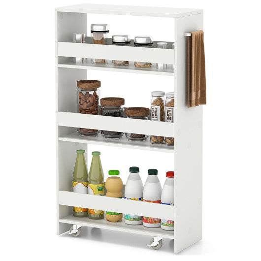 4-Tier Rolling Storage Cart Slim Kitchen Cart on Wheels with Open Shelves and Handle-White