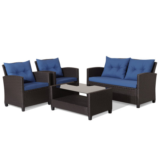 4 Pieces Patio Rattan Furniture Set with Tempered Glass Coffee Table-Navy
