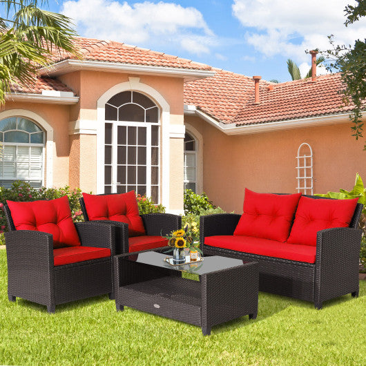 4 Pieces Patio Rattan Furniture Set with Tempered Glass Coffee Table-Red