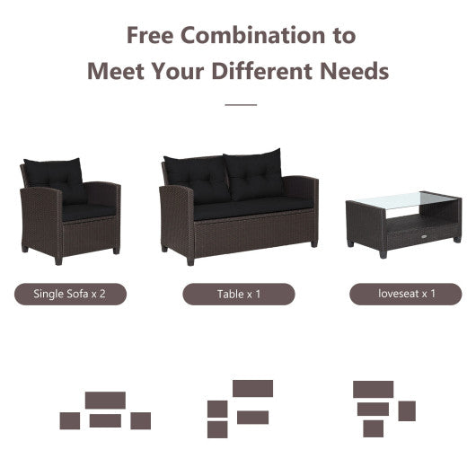 4 Pieces Patio Rattan Furniture Set with Tempered Glass Coffee Table-Black