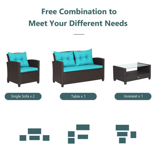 4 Pieces Patio Rattan Furniture Set with Tempered Glass Coffee Table-Turquoise