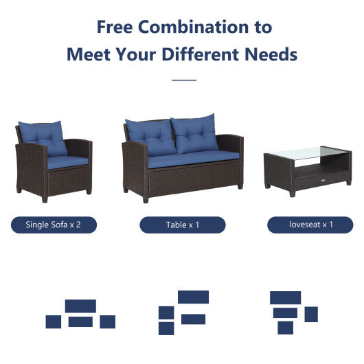 4 Pieces Patio Rattan Furniture Set with Tempered Glass Coffee Table-Navy