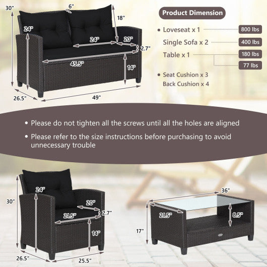 4 Pieces Patio Rattan Furniture Set with Tempered Glass Coffee Table-Black