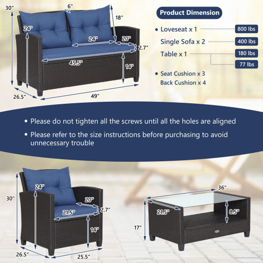 4 Pieces Patio Rattan Furniture Set with Tempered Glass Coffee Table-Navy