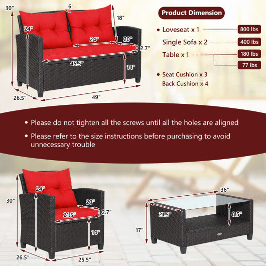 4 Pieces Patio Rattan Furniture Set with Tempered Glass Coffee Table-Red