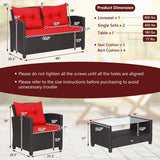 4 Pieces Patio Rattan Furniture Set with Tempered Glass Coffee Table-Red