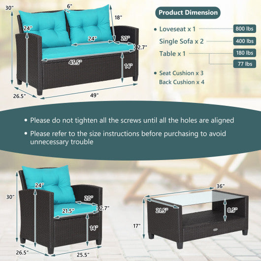4 Pieces Patio Rattan Furniture Set with Tempered Glass Coffee Table-Turquoise
