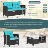 4 Pieces Patio Rattan Furniture Set with Tempered Glass Coffee Table-Turquoise