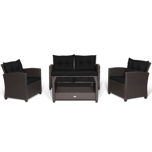 4 Pieces Patio Rattan Furniture Set with Tempered Glass Coffee Table-Black
