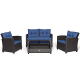 4 Pieces Patio Rattan Furniture Set with Tempered Glass Coffee Table-Navy