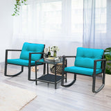 3 Pcs Wicker Rocking Bistro Set with Glass Coffee Table and Storage Shelf-Blue