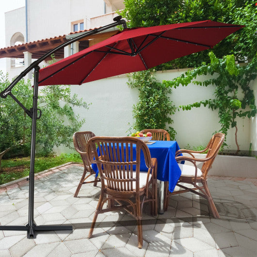 10 ft 360° Rotation Solar Powered LED Patio Offset Umbrella without Weight Base-Dark Red