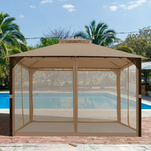 12 x 10 Feet Outdoor Double Top Patio Gazebo with Netting-Brown