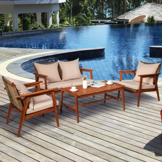 4 Pieces Acacia Wood Patio Rattan Furniture Set with Zippered Cushions-Brown