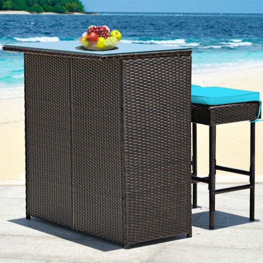 3PCS Patio Rattan Wicker Bar Table Stools Dining Set-Turquoise