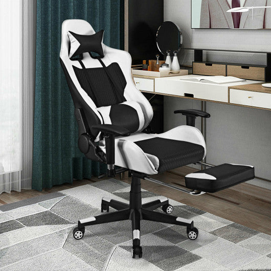 PU Leather Gaming Chair with USB Massage and Lumbar Pillow Footrest-White