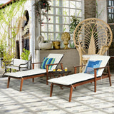 3 Pieces Portable Patio Cushioned Rattan Lounge Chair Set with Folding Table-White