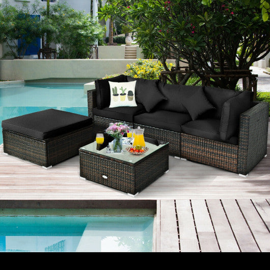 5 Pcs Outdoor Patio Rattan Furniture Set Sectional Conversation with Cushions-Black