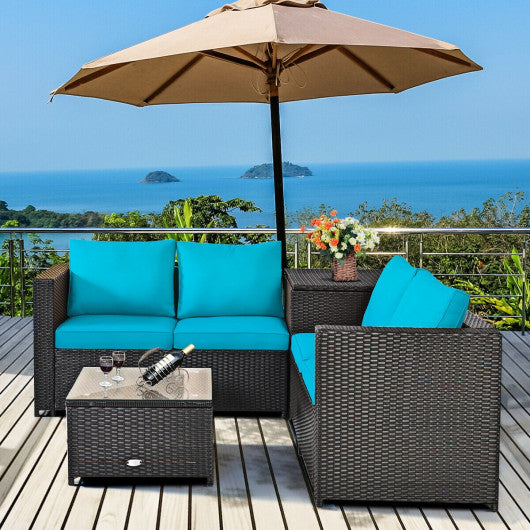 4 Pieces Outdoor Patio Rattan Furniture Set with Cushioned Loveseat and Storage Box-Turquoise