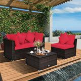 4 Pcs Ottoman Garden Deck Patio Rattan Wicker Furniture Set Cushioned Sofa-Red