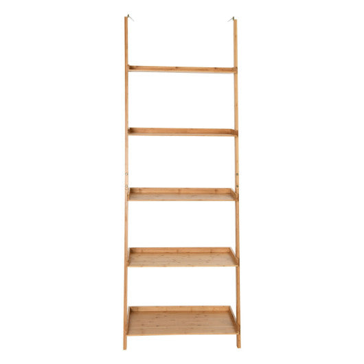 5-Tier Ladder Shelf Bamboo Bookshelf Wall-Leaning Storage Display Plant Stand-Natural