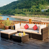 5 Pieces Outdoor Patio Rattan Furniture Set With Cushions-Beige