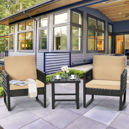 3 Pieces Patio Rattan Bistro Cushioned Furniture Set