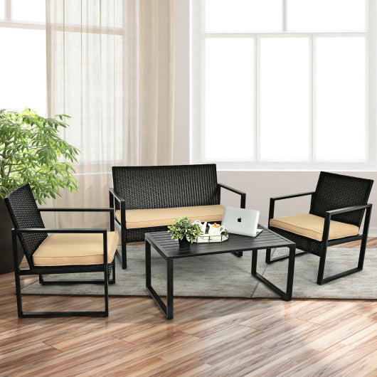 4 Pieces Patio Rattan Furniture Set with Seat Cushions and Coffee Table