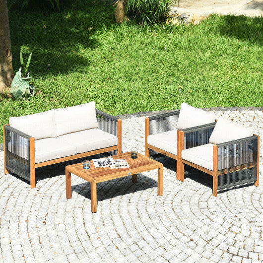 4 Pieces Acacia Wood Outdoor Patio Furniture Set with Cushions-White