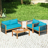 4 Pieces Acacia Wood Outdoor Patio Furniture Set with Cushions-Turquoise