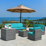 8 Piece Wicker Sofa Rattan Dinning Set Patio Furniture with Storage Table-Turquoise