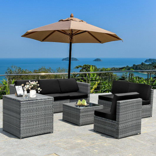 8 Piece Wicker Sofa Rattan Dinning Set Patio Furniture with Storage Table-Black