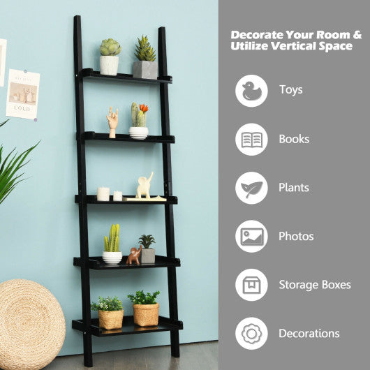 5-Tier Wall-leaning Ladder Shelf  Display Rack for Plants and Books-Black