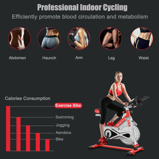 Stationary Silent Belt Adjustable Exercise Bike with Phone Holder and Electronic Display-Red