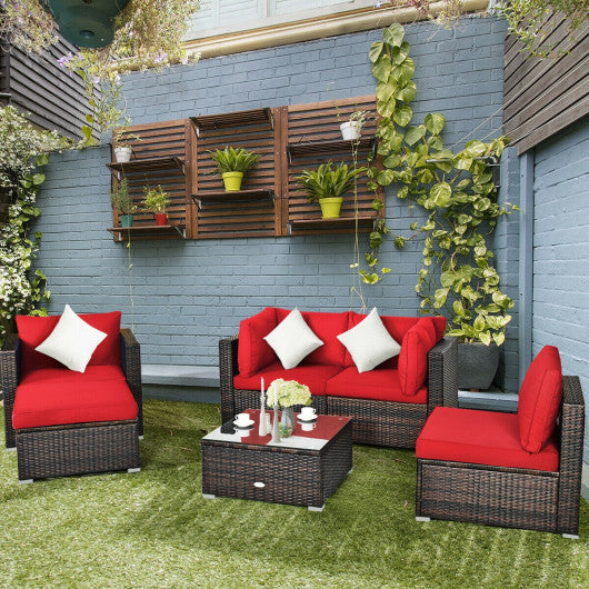 6 Pcs Patio Rattan Furniture Set with Sectional Cushion-Red