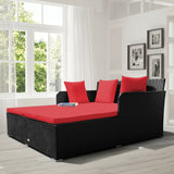 Spacious Outdoor Rattan Daybed with Upholstered Cushions and Pillows-Red